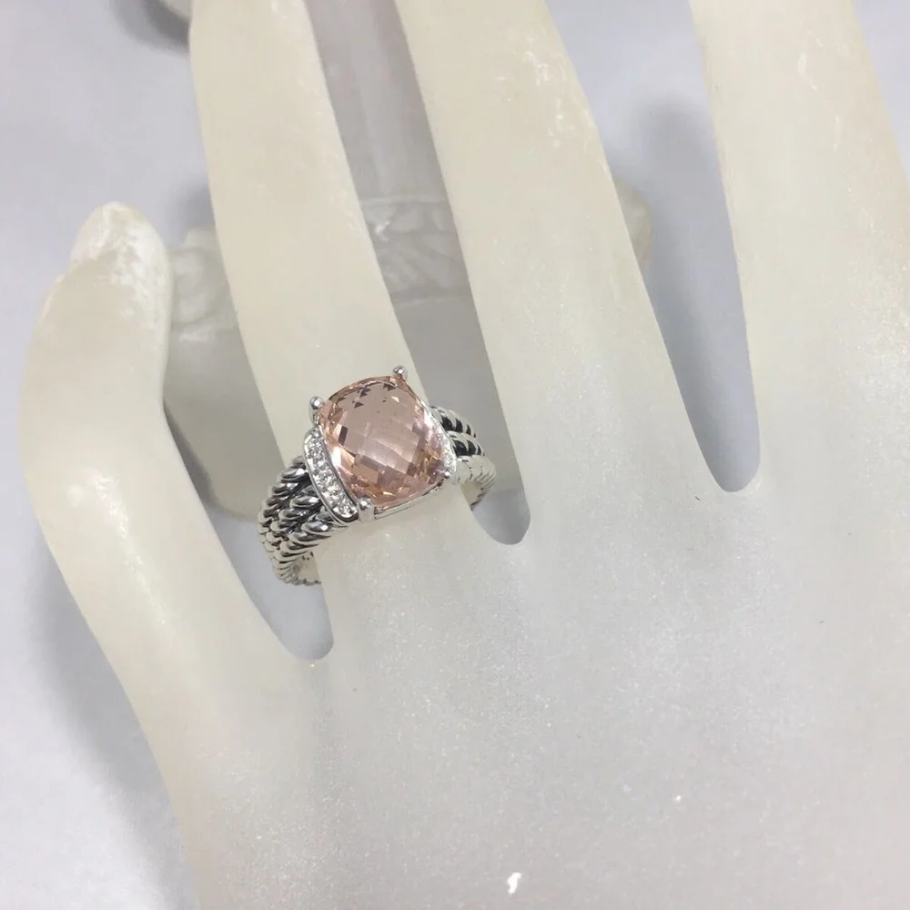 David Yurman Petite Wheaton Morganite Diamond 925 Sterling Silver Ring 5.5 - Picture 2 of 7